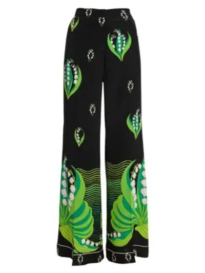 Valentino Lily Of The Valley Print Crepe Pajama Pants In Black Green