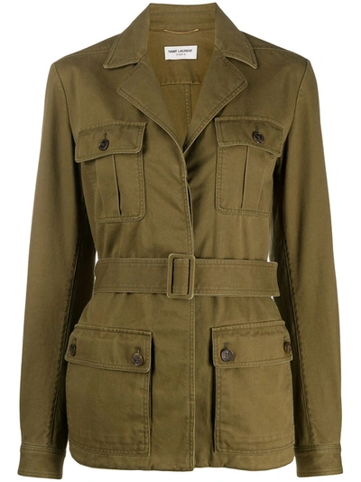 Saint Laurent Saharienne Belted Cotton And Ramie-blend Twill Jacket In Green