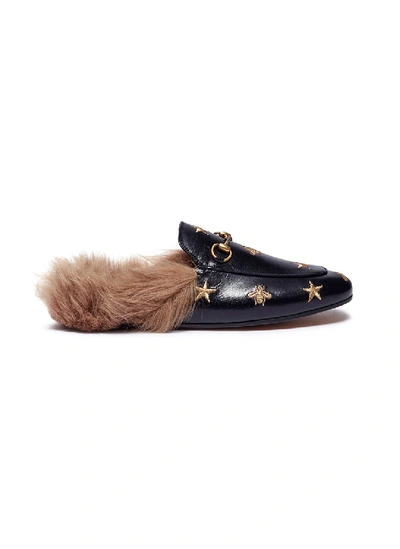 Gucci Black Embroidered Princetown Fur Lined Leather Mules