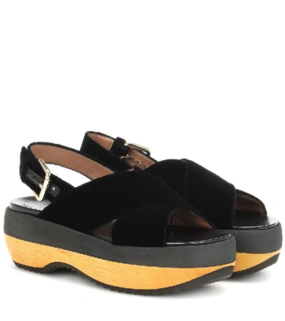 Marni Cross-strap Velvet Flatform Sandals In Black