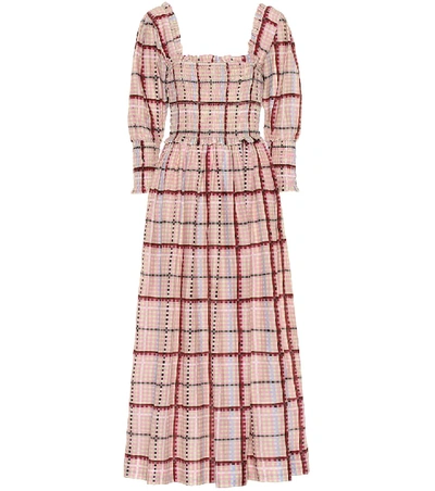 Ganni Plaid Square-neck Bishop-sleeve Cotton/silk Midi Dress In Pink