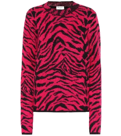 Saint Laurent Crewneck Zebra Print Fuzzy-wool Jumper In Pink