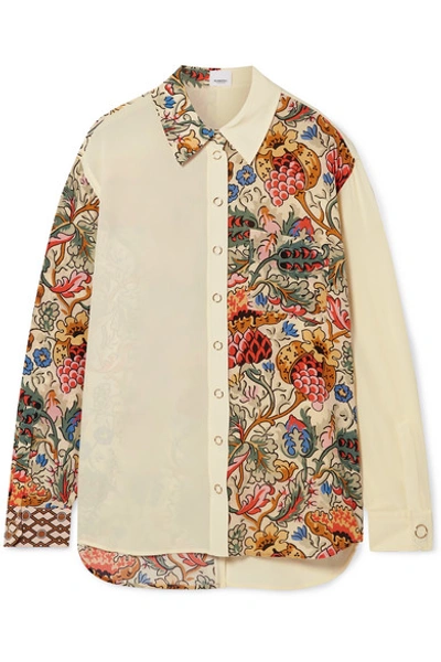 Burberry Floral Print Panel Silk Oversized Shirt In Beige