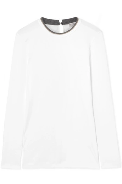 Brunello Cucinelli Bead-embellished Ribbed Stretch Cotton-jersey Top In White