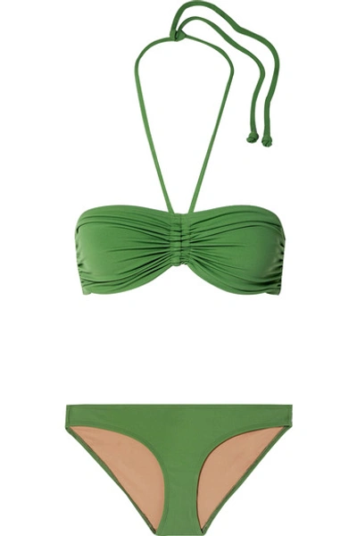 Three Graces London Millicent Ruched Bandeau Bikini In Lime Green