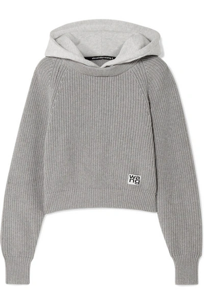 Alexander Wang T Hooded Jersey And Ribbed Cotton-blend Jumper In Heather Grey