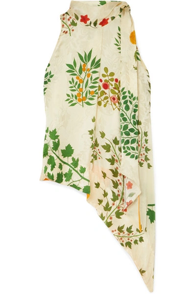 Oscar De La Renta Asymmetric Pussy-bow Floral-print Silk-jacquard Top In Ecru