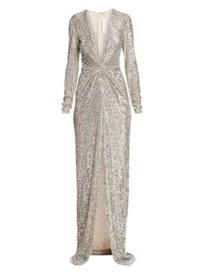 Naeem Khan Plunging Beaded Gown In Silver