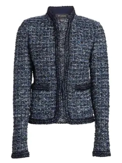 St John Novelty Ribbon Tweed Knit Jacket With Pockets In Navy Prussian Blue Multi
