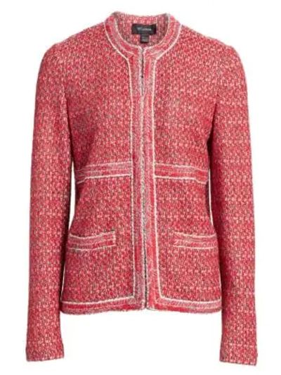 St John Artisinal Basket Weave Drop-shoulder Jacket W/ Trim Detail In Scarlet Multi