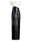 ST JOHN Off-The-Shoulder Two-Tone Sequined Silk Column Gown