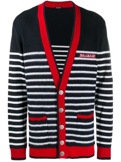 Balmain Striped Logo Virgin Wool Knit Cardigan In Black