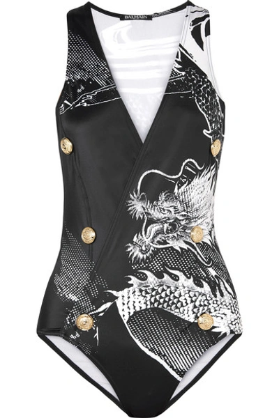 Balmain Wrap-effect Button-embellished Printed Swimsuit In Black