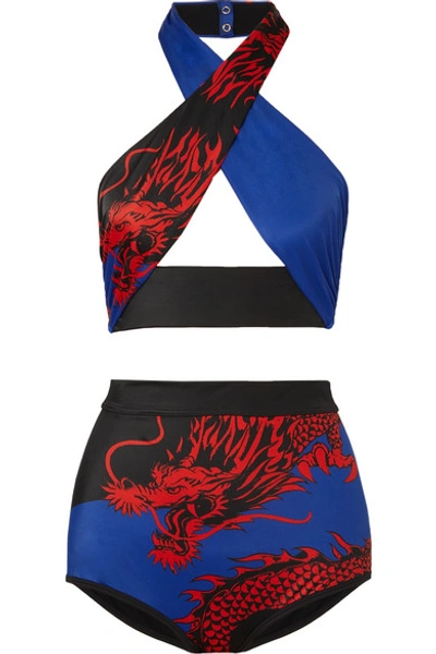 Balmain Cutout Printed Halterneck Bikini In Blue