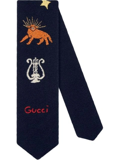 Gucci Wool Tie With Embroidery In Blue