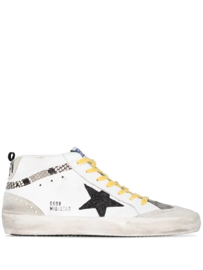 Golden Goose Mid Star Distressed Glittered And Snake-effect Leather And Suede Sneakers In White