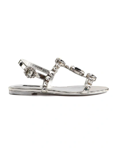 Dolce & Gabbana Leather Metallic Embellished Bianca Sandals In Silver