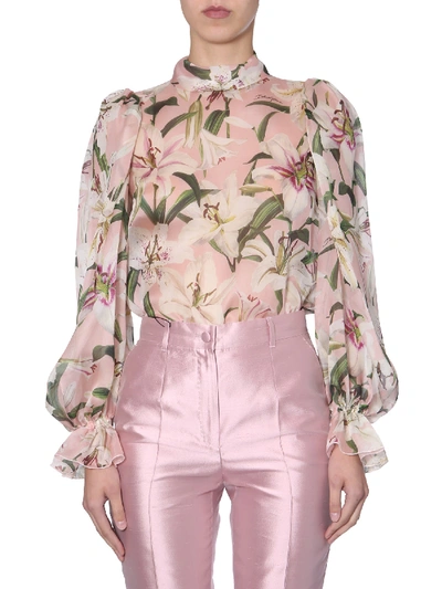 Dolce & Gabbana Lily Print Organza Puff Sleeve Blouse In Pink