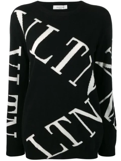 Valentino Logo Virgin Wool & Cashmere Crewneck Sweater In Nero Bianco (black)