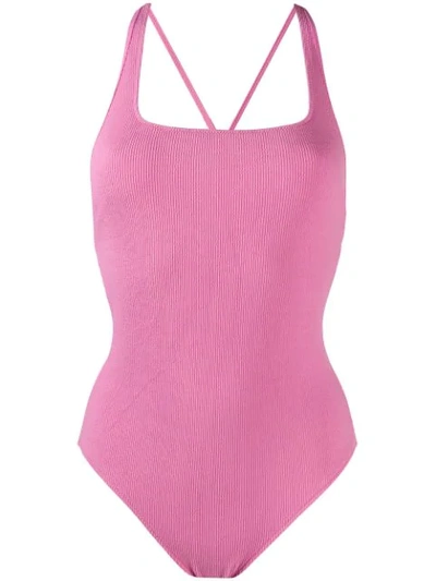 Ganni Back Crossed Textured One Piece Swimsuit In Pink