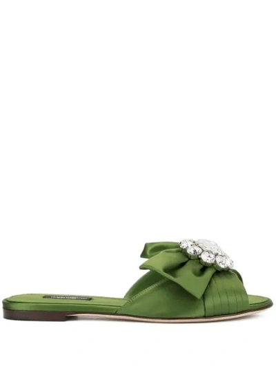 Dolce & Gabbana Bianca Crystal-brooch Satin Slides In Green