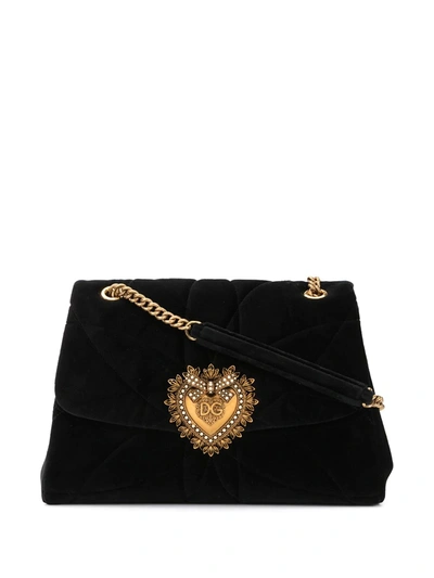 Dolce & Gabbana Large Devotion Shoulder Bag In Quilted Velvet In Black