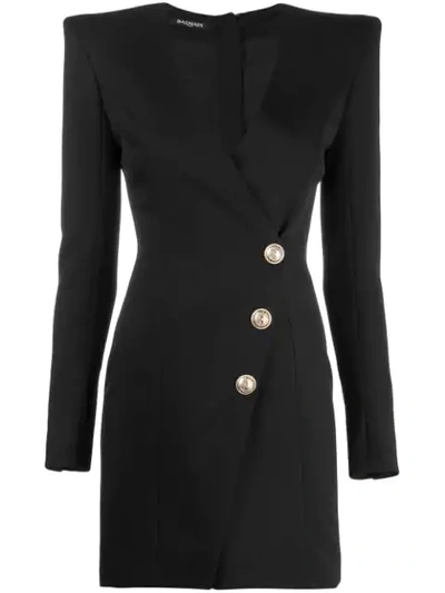 Balmain Button-embellished Wool Mini Wrap Dress In Black
