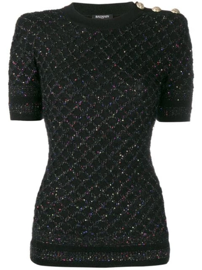 Balmain Sequinned Short-sleeved Jumper In Black