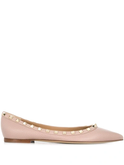 Valentino Garavani Valentino Pointed Toe Flat Shoes With Gold-tone Rockstuds In Pink