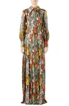 GUCCI FELINE GARDEN PRINT LONG SLEEVE SILK DRESS,582554ZAB2V