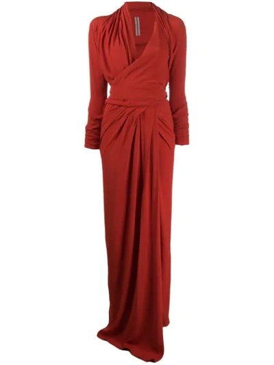 Rick Owens Cocoon Crepe Long-sleeve Wrap Dress In Red