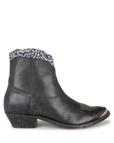Golden Goose Young Leather Western Booties With Bandana Trim In Black