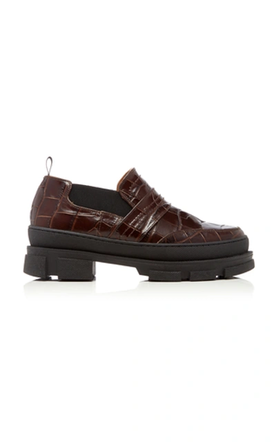 Ganni Flatform Crocodile-effect Leather Loafers In Brown