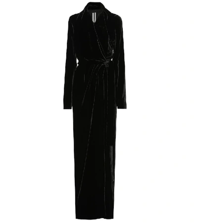 Rick Owens Long Viscose & Silk Wrap Gown In Black