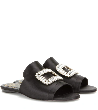 Roger Vivier 10mm Tiffany Buckle Satin Slide Sandals, Black
