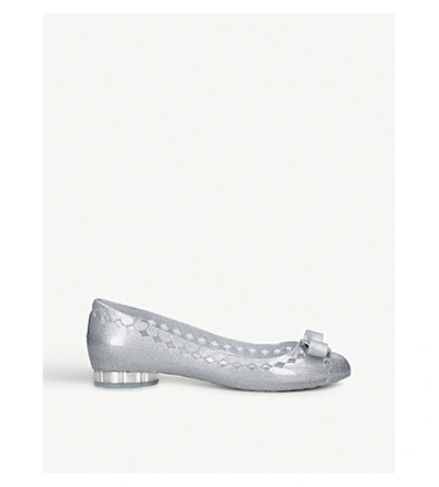 Ferragamo Flower Heel Jelly Ballet Flats In Silver Metallic