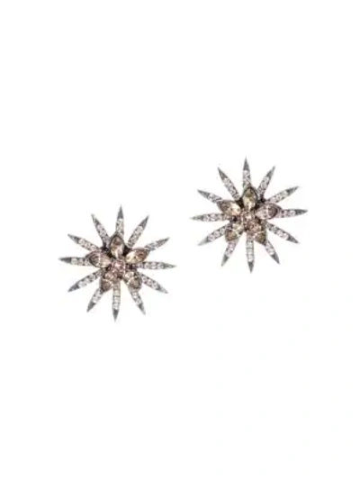 Oscar De La Renta Silvertone Crystal Flower Sunburst Stud Earrings In Silk