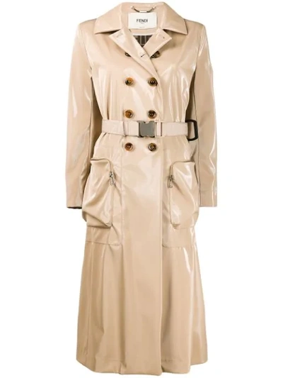 Fendi Double-breasted Coated Tech Trench Coat In Beige