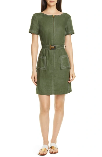 Tory Burch Zip-front Short-sleeve Linen Shift Dress In Equestrian Green |  ModeSens
