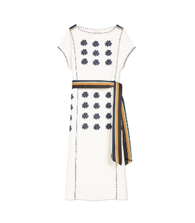 Tory Burch Floral Embroidered Striped-belt Midi Dress In White