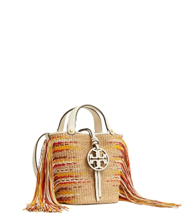 Tory Burch Mini Miller Fringe Woven Twill Bucket Bag In Natural / New Ivory
