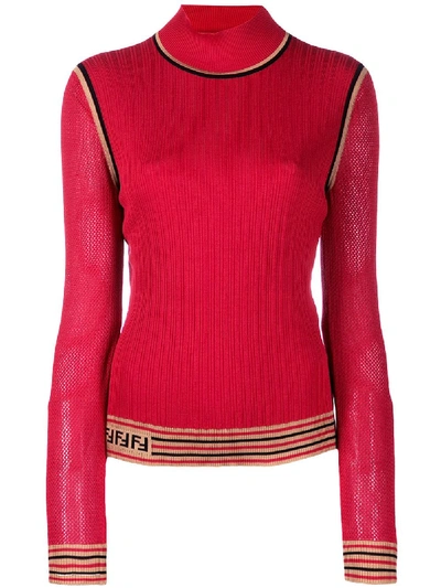 Fendi Mesh-sleeve Logo-intarsia Silk Sweater In Red