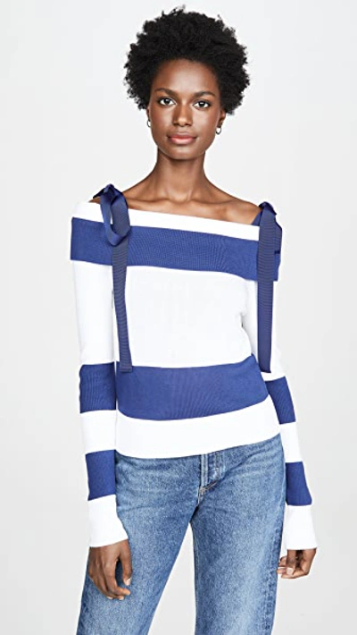 Adeam Cold-shoulder Striped Knitted Jumper In Navy