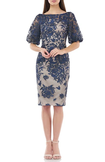 Carmen Marc Valvo Infusion Embroidered Mesh Puff Sleeve Cocktail Dress In Navy/ Gold