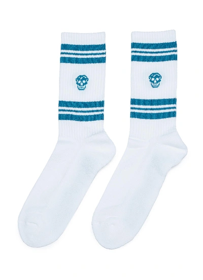 Alexander Mcqueen Skull Print Stripe Sport Socks In White / Teal Blue