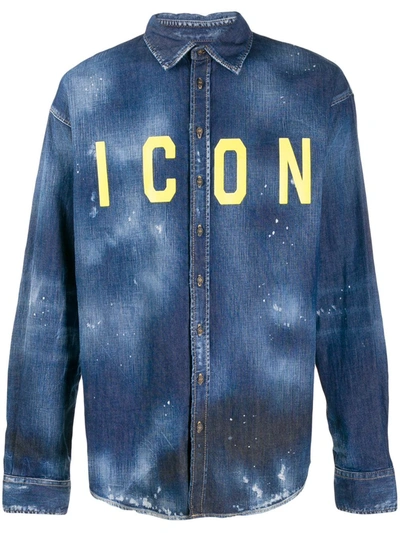 Dsquared2 Denim Shirt With Destroyed And Printed Logo In Blue
