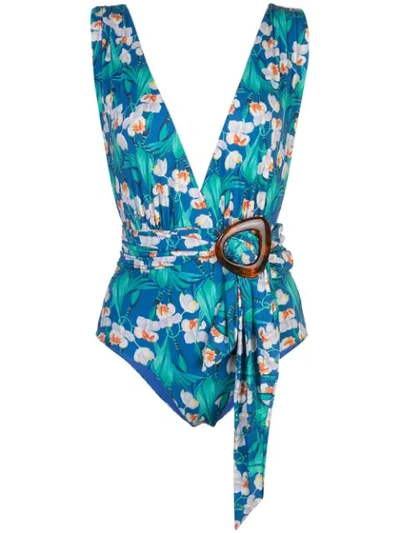 Patbo Floral Plunge Belted One Piece In Blue