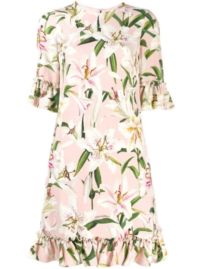 Dolce & Gabbana Short Lily-print Cady Dress With Ruffle Detailing In Pink