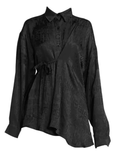 Balenciaga Jacquard Fluid Silk Button-front Asymmetric Top In Noir