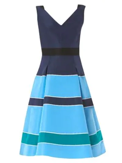 Carolina Herrera Striped Silk V-neck A-line Dress In Blue Multi